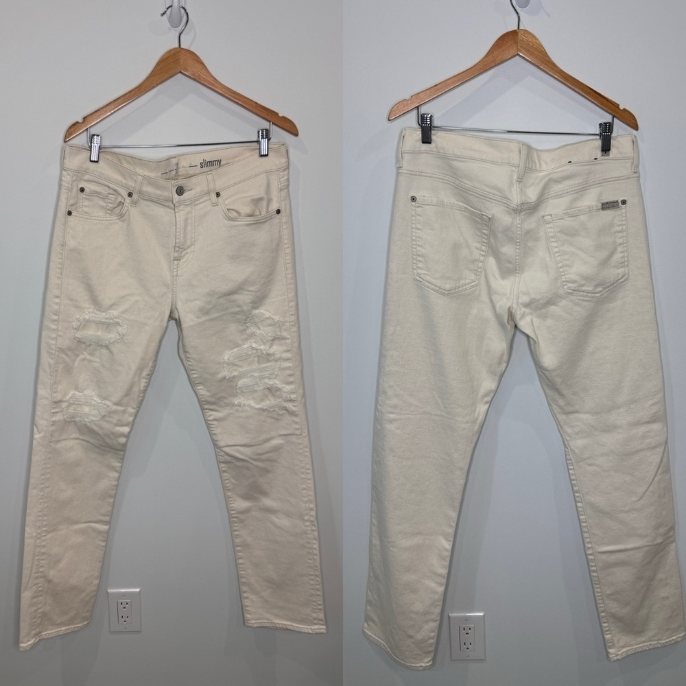 7 For All Mankind Men’s Slimmy Cream Distressed Jeans (34)